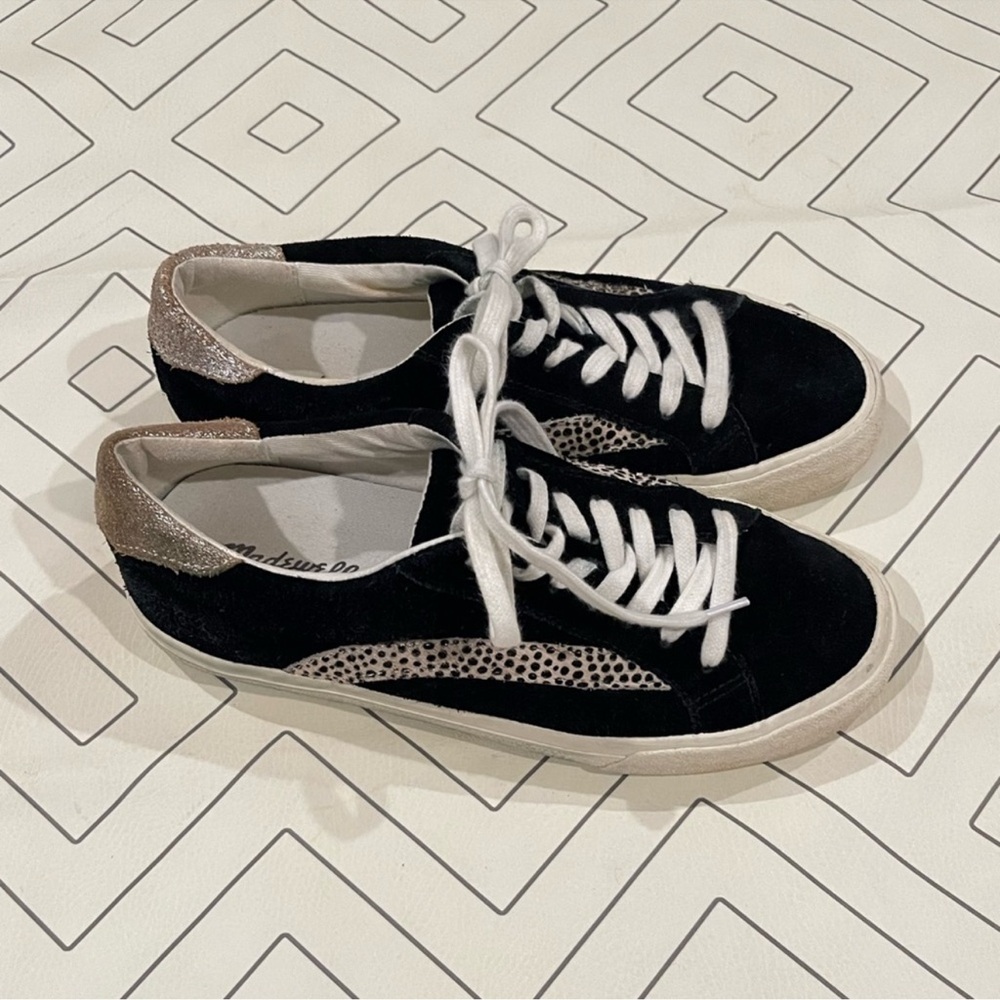 Madewell Black Suede Leather Sneakers w/ Animal Print Detail. Sz Wmn 7